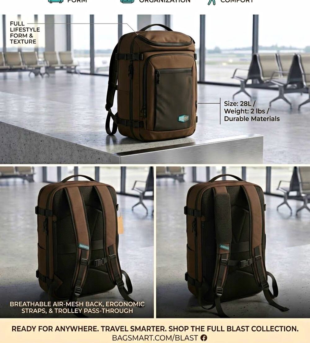 BAGSMART Blast 28L Travel Backpack Brown/Black Ergonomic Trolley Pass-Through